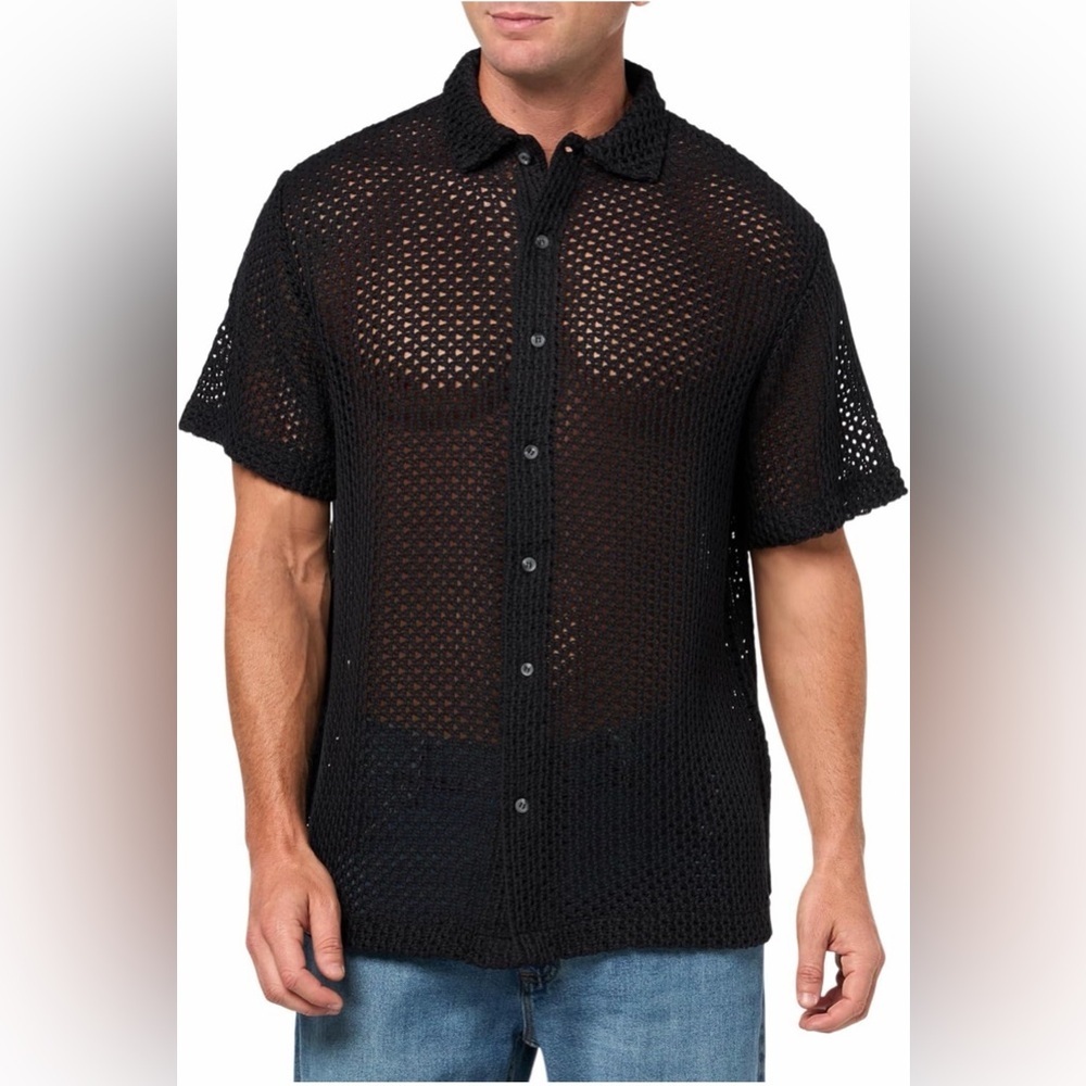 Guess Men's Eco Net Loose Knit Button Down Shirt Black NWT Size Small